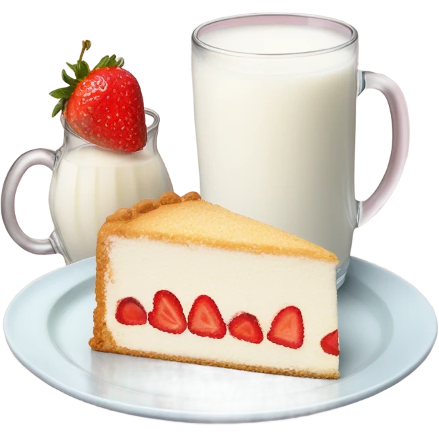 Milk at glass and vanilla strawberry cake at plate emoji