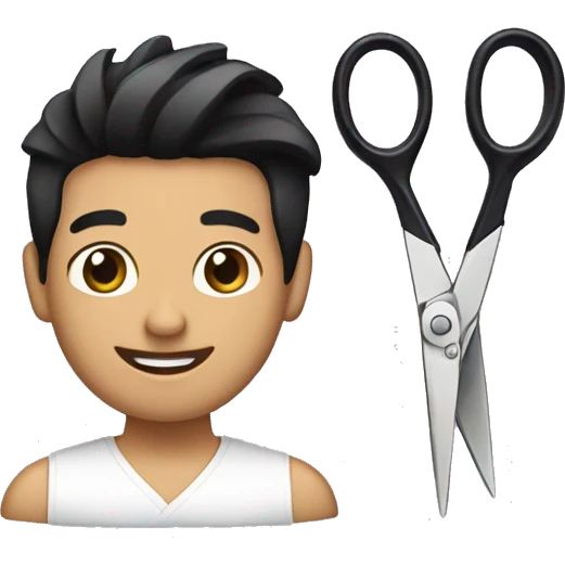 smiling hairdresser with black hair and scissors and hai emoji