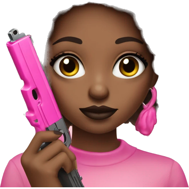 Afro hair brown girl hand pink nails holding pink gun black eyes emoji
