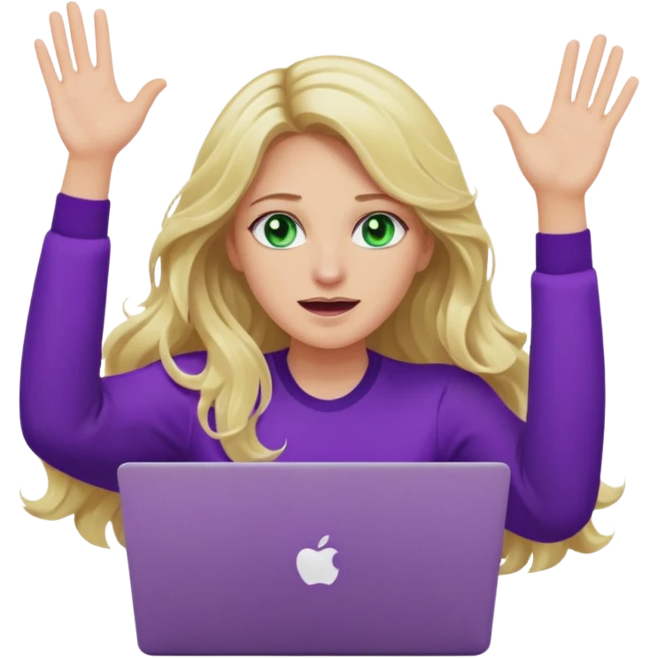 lady with long wavy blonde hair, purple top, green eyes, throwing her with a purple mac laptop hands in the air crying emoji