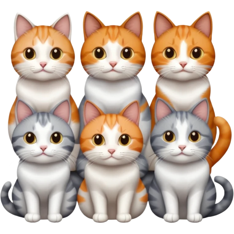 6 cats with different coloured coats, 2 are grey and white, 1 is grey with a little white, 1 calico, 1 brown tabby and white and one ginger and white emoji