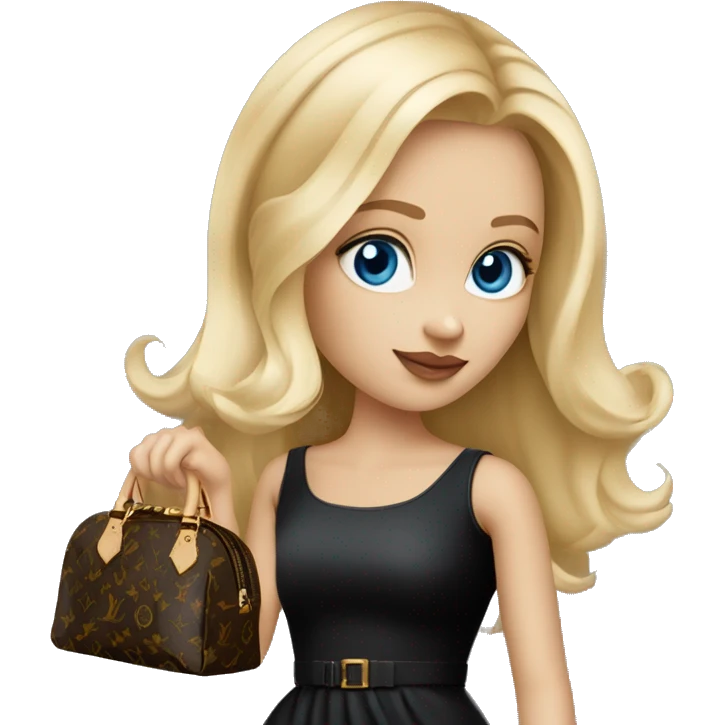 Blonde girl bright blue eyes holding Louis Vuitton monogram purse in short black dress emoji