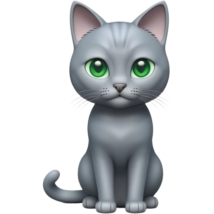A 3D cartoon Russian Blue cat in cool silver-gray tone, smooth fur, green eyes, sleek lighting, cinematic 3D Memoji style. full body or half body. emoji