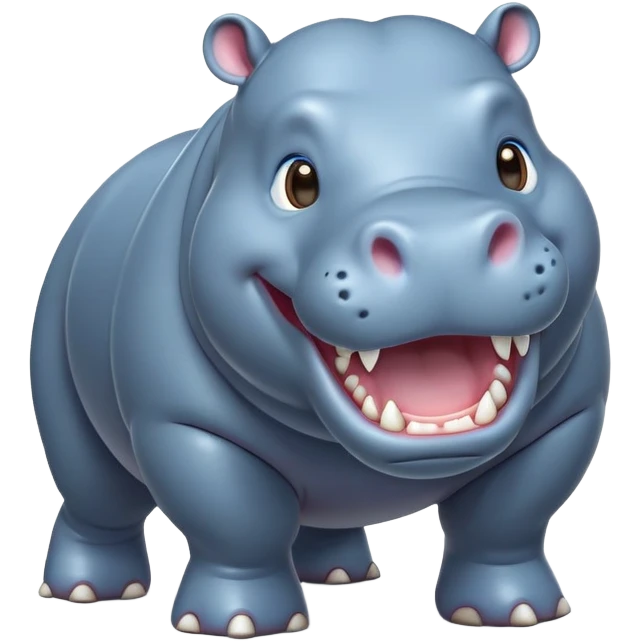 cinematic-hippo-realistic-full-body-side-view-standing-on-all-fours-emoji,-massive-round-frame,-wide-mouthed-grin-exposing-huge-teeth,-head-tilted-dramatically,-thick-greyish blue-hide-glossy, big cute eyes emoji