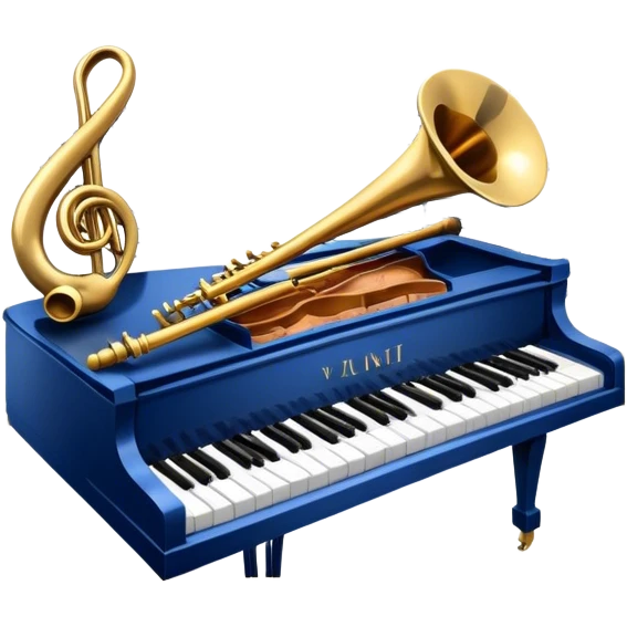 Create an elegant and refined emoji that represents orchestration and arrangement. The design should feature a musical score or sheet music with various orchestral instruments like a violin, a trumpet, and a grand piano subtly integrated into the composition. Add a conductor's baton, symbolizing the guiding hand of orchestration, and flowing musical notes that move between the instruments. Use rich, classic colors like gold, silver, and deep blue to evoke the sophistication of orchestral music. The background should be transparent, with a touch of intricate details to represent the complexity of orchestration. emoji