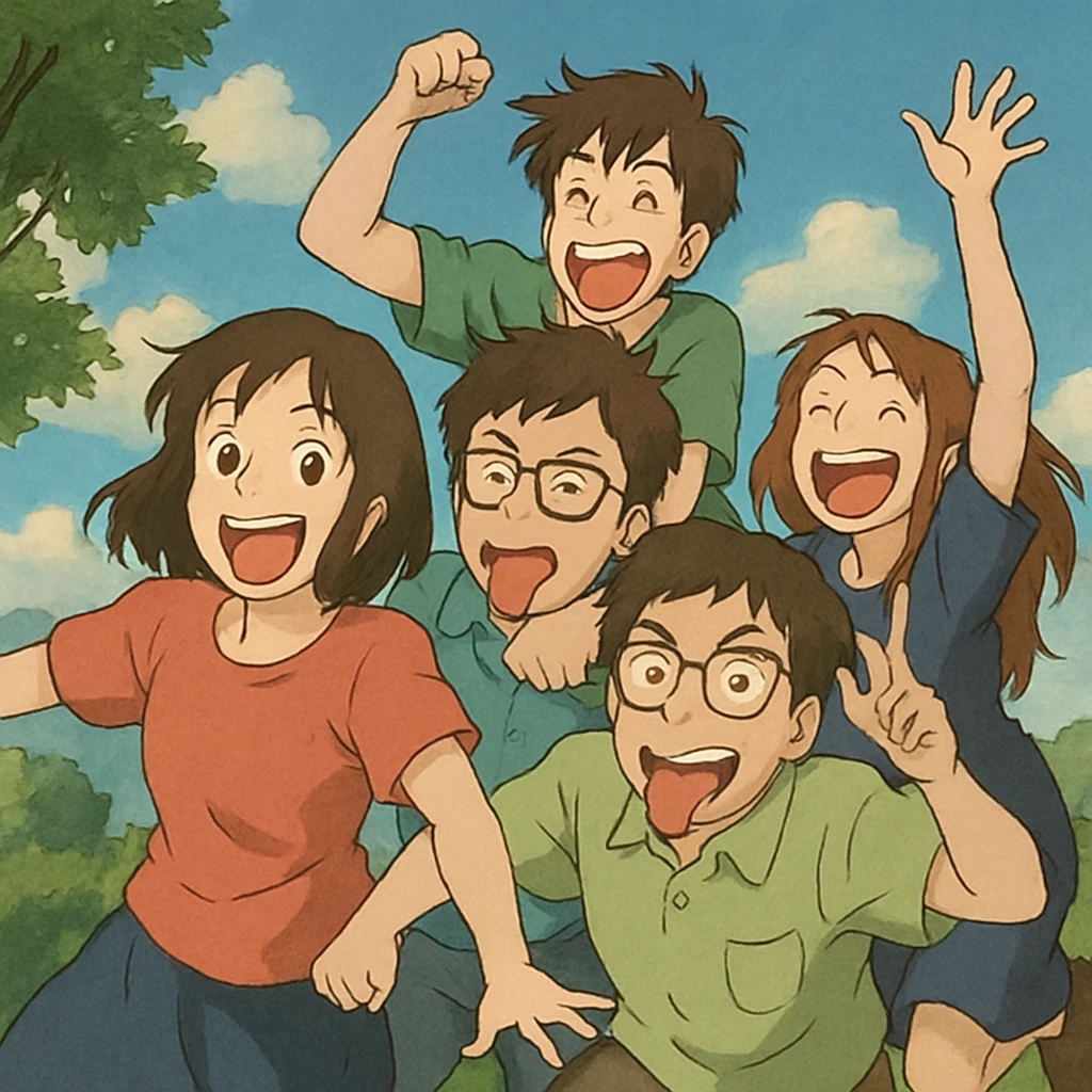 grupo de personas haciendo locuras, estilo Ghibli emoji