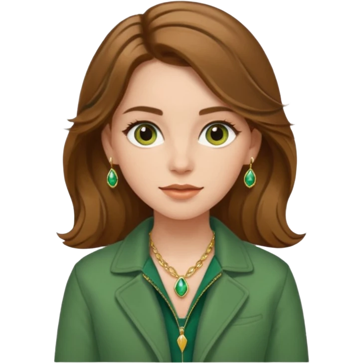 White girl with hazel Brown eyes Brown and slighly wavy medium hair. Make her with a green jacket and gold jewlery.  emoji