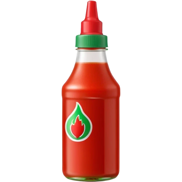 squeeze bottle of sriracha, small, upright, bright red, green nozzle cap, translucent, thick glossy red sauce, simple, no label or branding, no dish or extras, apple emoji style, soft lighting, emoji scale emoji