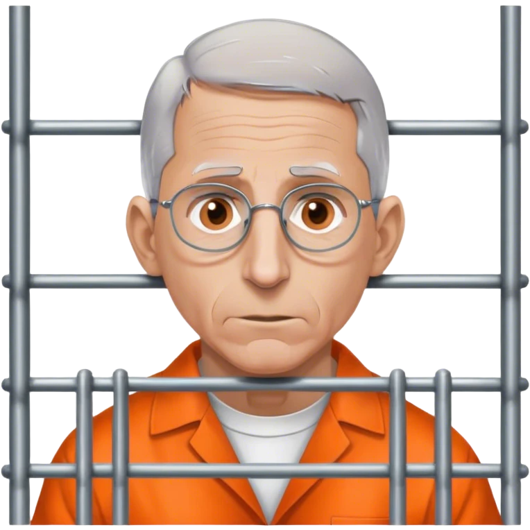 Make a picture of Anthony Fauci wearing an orange jumpsuit and behind bars make her look worried but only about herself emoji