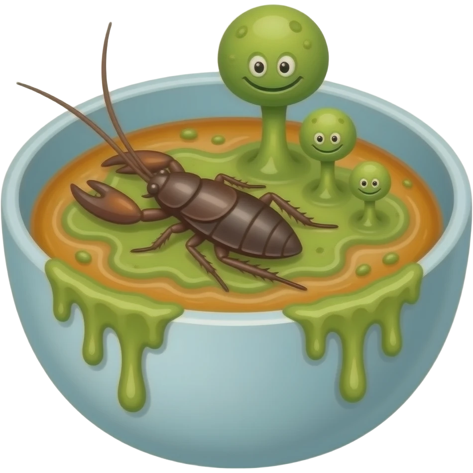 moldy rotten soup. molds should be green and cartoonish. there will be a cockroach on it. no face emoji