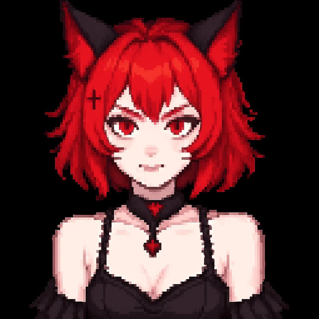 Change hair color to red, keep all other gothic neko girl features the same, in pixel art style. Maintain pixel art aesthetic and details. emoji