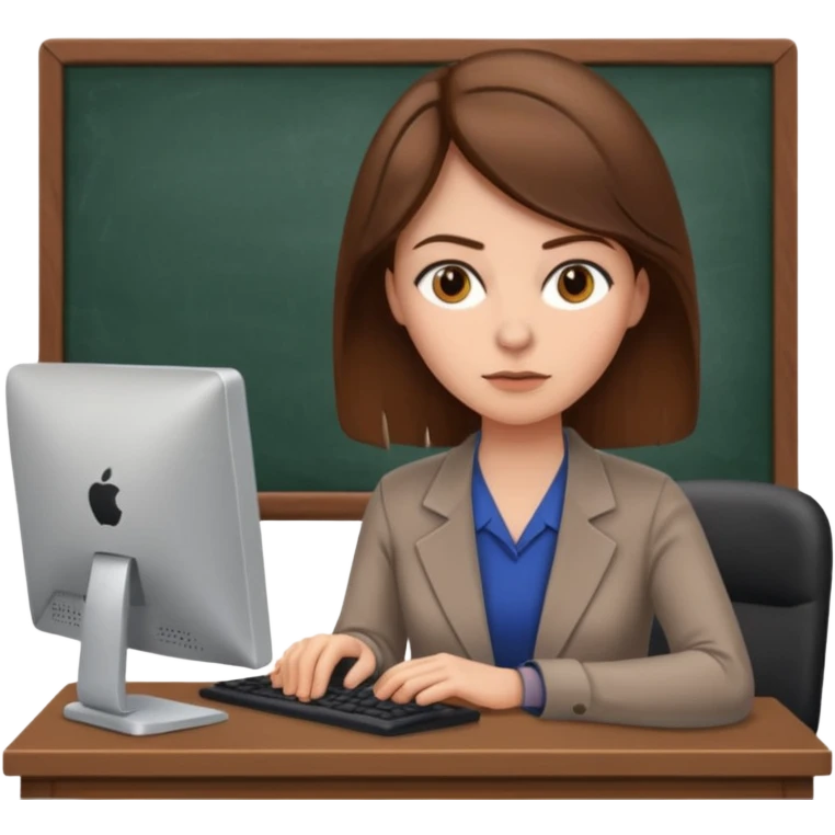Uma mulher de cabelo castanho que é professora e um pouco brava a trabalhar no computador sem usar óculos emoji