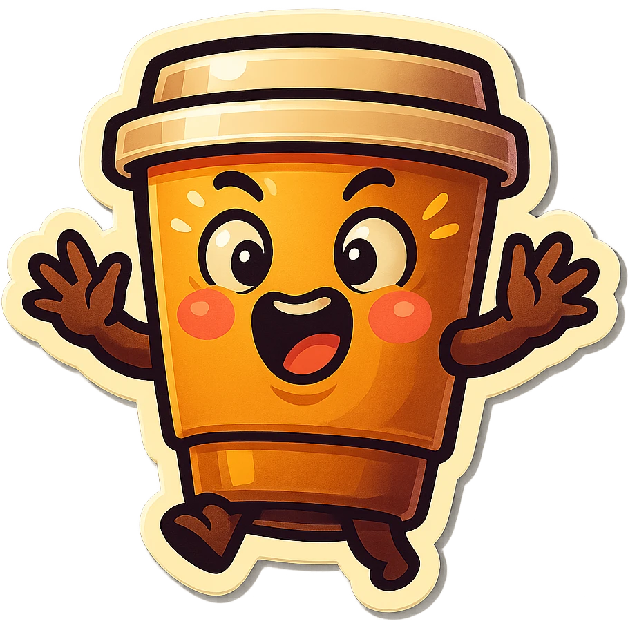 Tall coffee cup, dramatic, laughing, hands up in defense emoji
