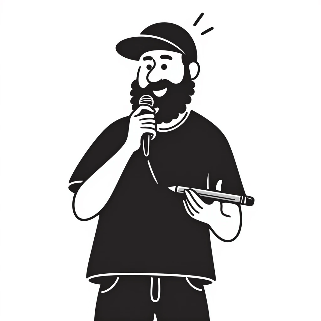 mature hip-hop artist with full beard wearing backwards baseball cap, happy expression, holding mic in left hand and pencil in right hand emoji