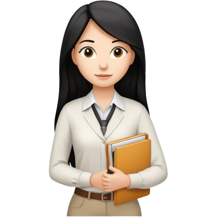 a light tan woman with long black hair past mid-back, round brown eyes, with folders in her hands. she has a id lanyard on and white professional blouse. emoji
