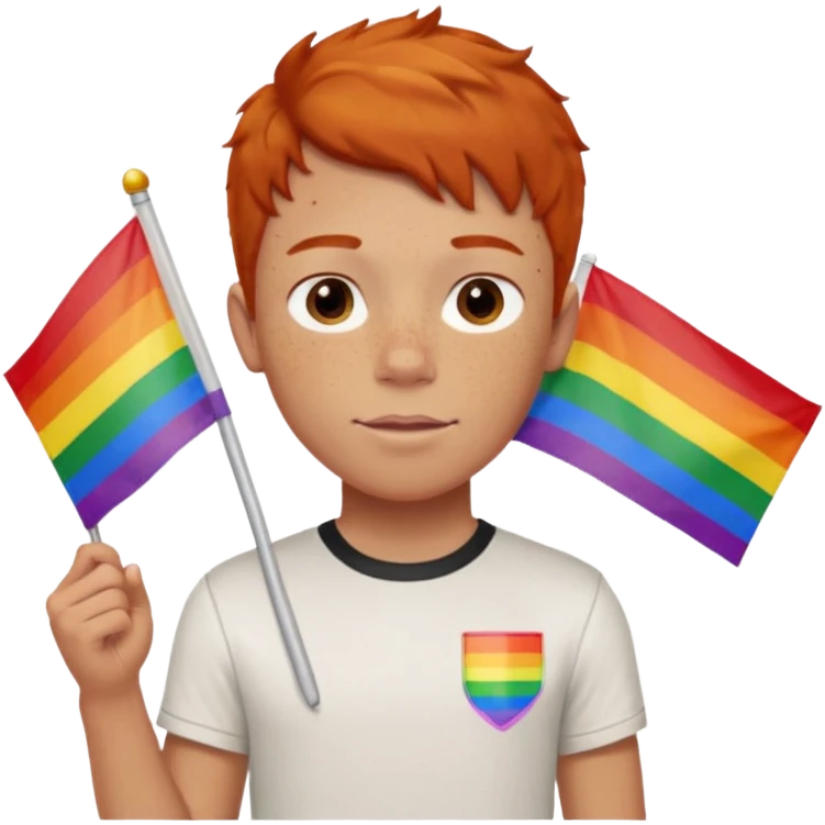 A gay, ginger, young, freckled, boy with a shirt with the name JUDE on it in red marker, holding a pride flag emoji
