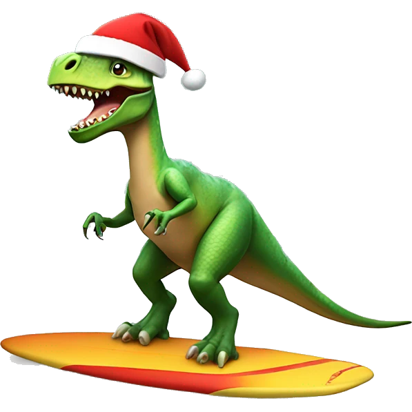 Dinosaur riding a surfboard wearing a Santa hat emoji