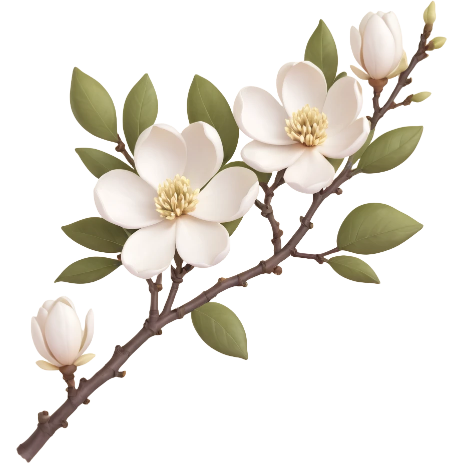 Traditional Japanese Magnolia kobus (kobushi) blossom with sumi-e brush stroke style, delicate white flowers on bare branch, zen aesthetic with subtle ink wash background emoji