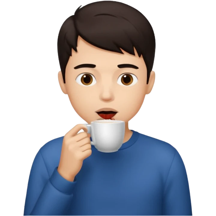 a boy drinking coffee , the cup is touching his mouth, emoji