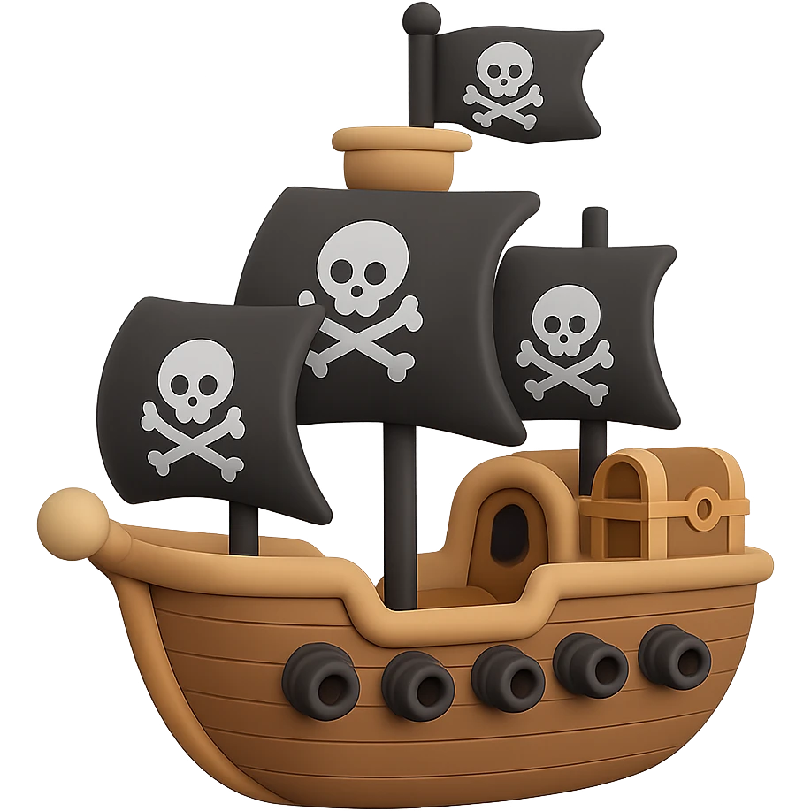 An adorable pirate galleon with black sails, cannons, and a treasure chest on deck emoji