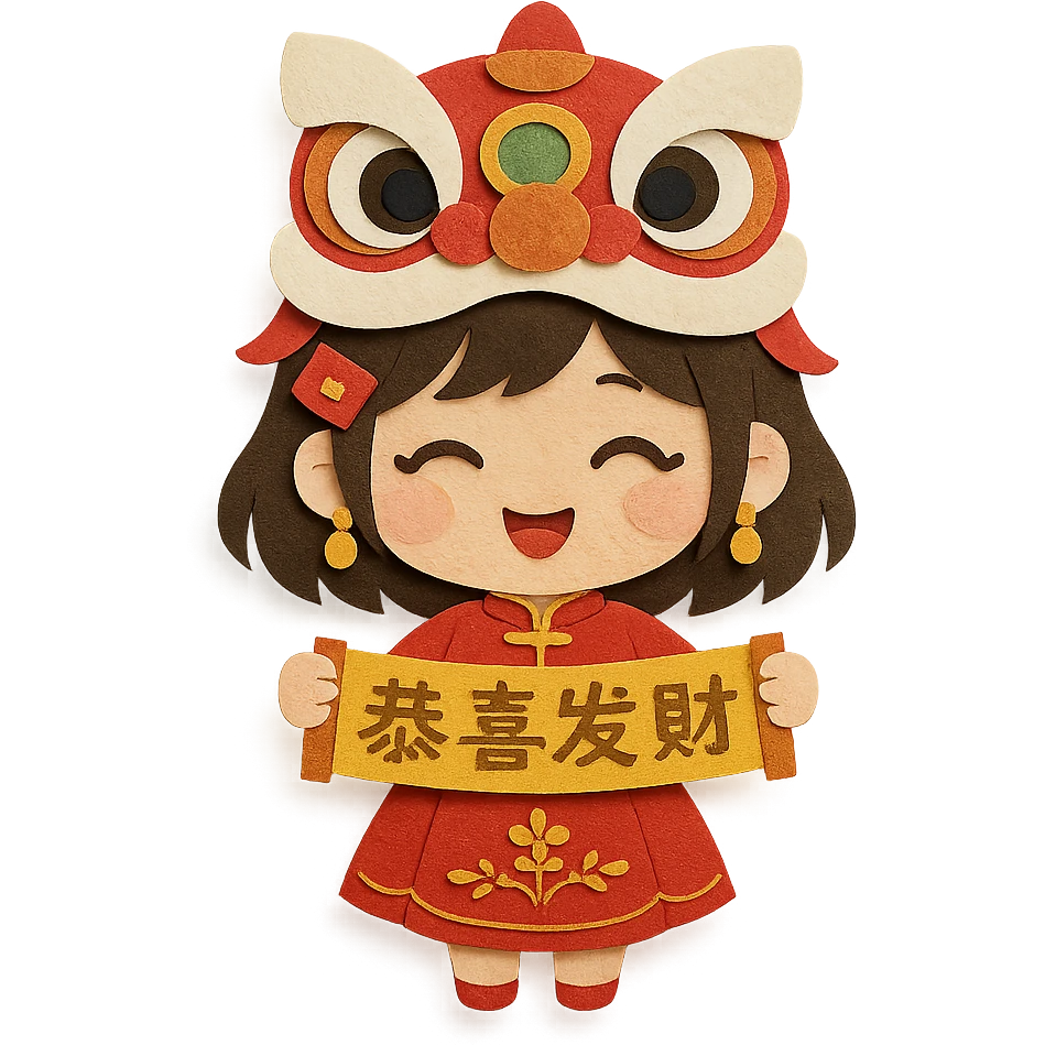 cute chibi girl in red embroidered skirt, gold hair accessories, red envelope hair clip, cartoon lion dance helmet, holding gold '恭喜发财' banner with both hands, smiling, full body, main colors red and gold, strong Chinese New Year vibe, paper-craft style emoji