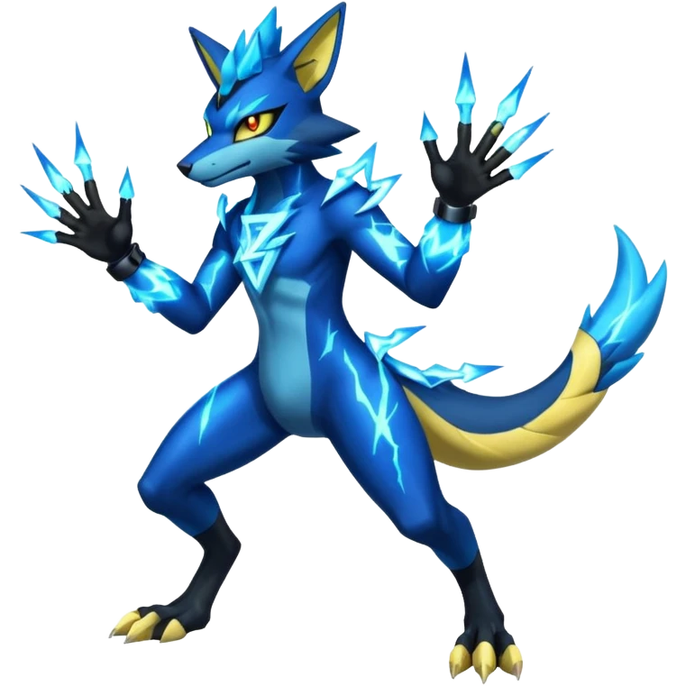 Cobalt-Blue Neon-Electric Bright-Glowing Lightning-Veined Zeraora-Luxray-Lucario-cyber-fusion-creature (full body) emoji