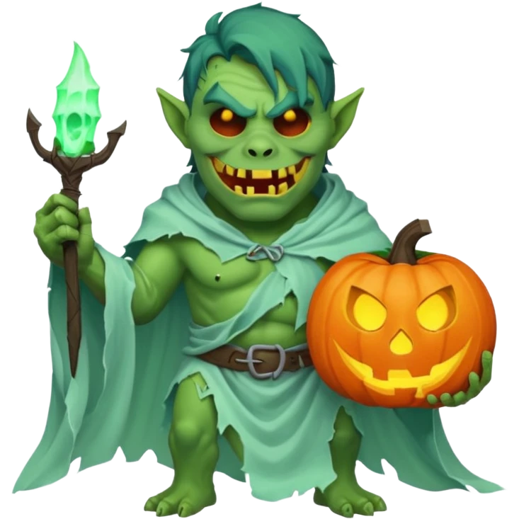 male orc ghost emoji, green skin, tusks, wearing torn white ghost sheet costume, holding glowing jack-o'-lantern, faint blue aura, friendly but spooky expression, Halloween fantasy theme, Apple emoji style, clean white background, square emoji