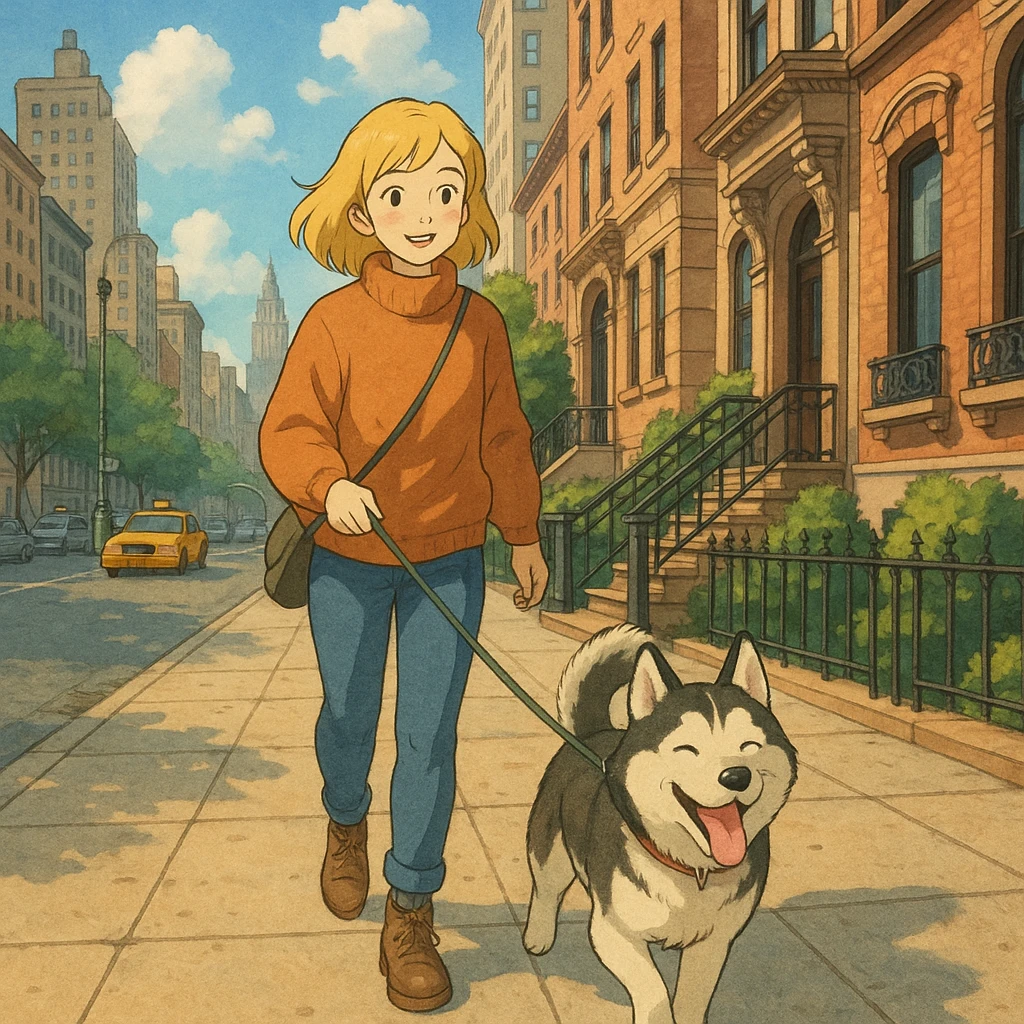Cute Blonde woman wearing a sweater walking a happy Siberian husky in New York City on an upper east side city sidewalk  emoji