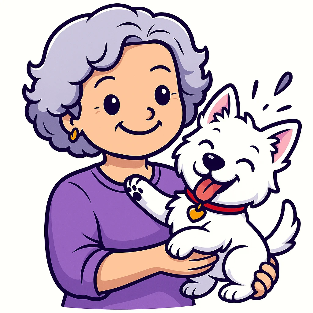 Make the Westie dog playful, with a fun pose or playful expression, keep the 50-year-old lady with silver curly hair smiling (originally sticker style) emoji