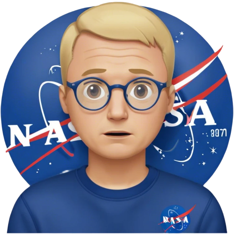 angry fat man, crying like a kid,  blond short and hight receding hairline, wearing a dark blue sweatshirt, nasa logo on the sweatshirt, round glasses without frame, 40 years old emoji