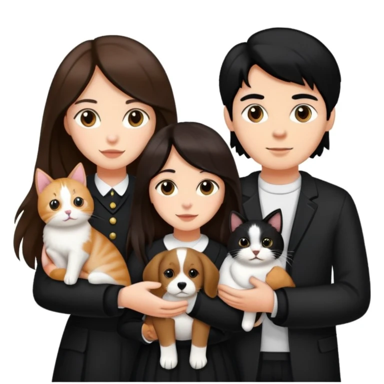 A girl with long brown hair holding the hand of a boy with black hair, both dressed in black, holding a cat and dog emoji
