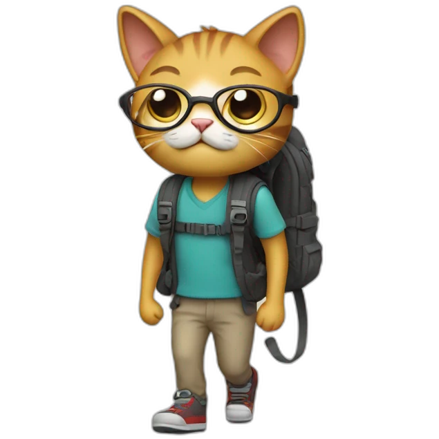A cat walks along the road with a backpack wearing glasses and a crying emoji