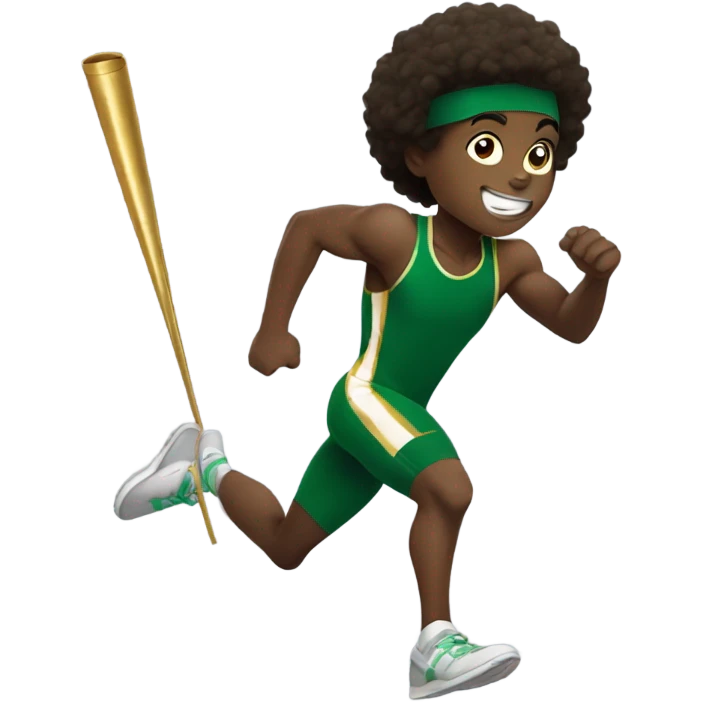 Muscular Afro teenage boy  in green track and field uniform running fast with gold baton in his hand. emoji