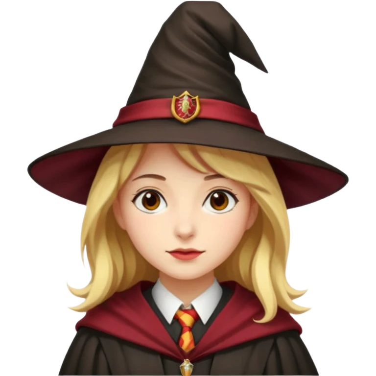 A young woman wearing a classic witch’s hat, red tie, and wizarding robes. This outfit suggests she's a student from Gryffindor House (from the Harry Potter universe), as the red tie is a signature detail of that house's uniform. emoji