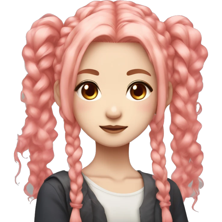 Idol Japanese girl with reddish-pink eyes and long, messy coral pink hair that falls below her shoulder blades, with two clumps of hair tied into small loose pigtails near the top emoji