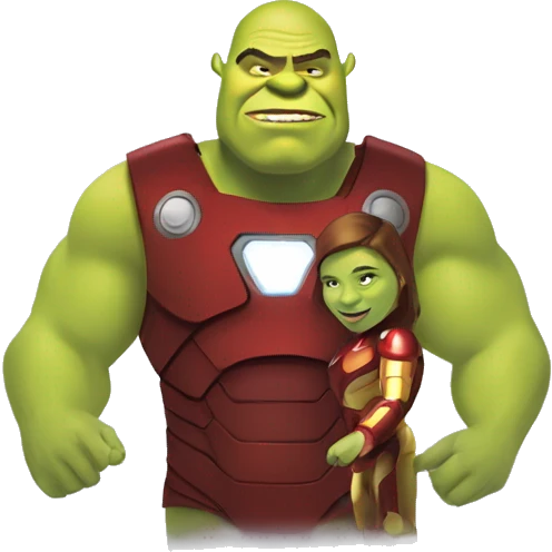 Shrek qui embrasse un homme devant Fiona qui ce transforme en iron man emoji