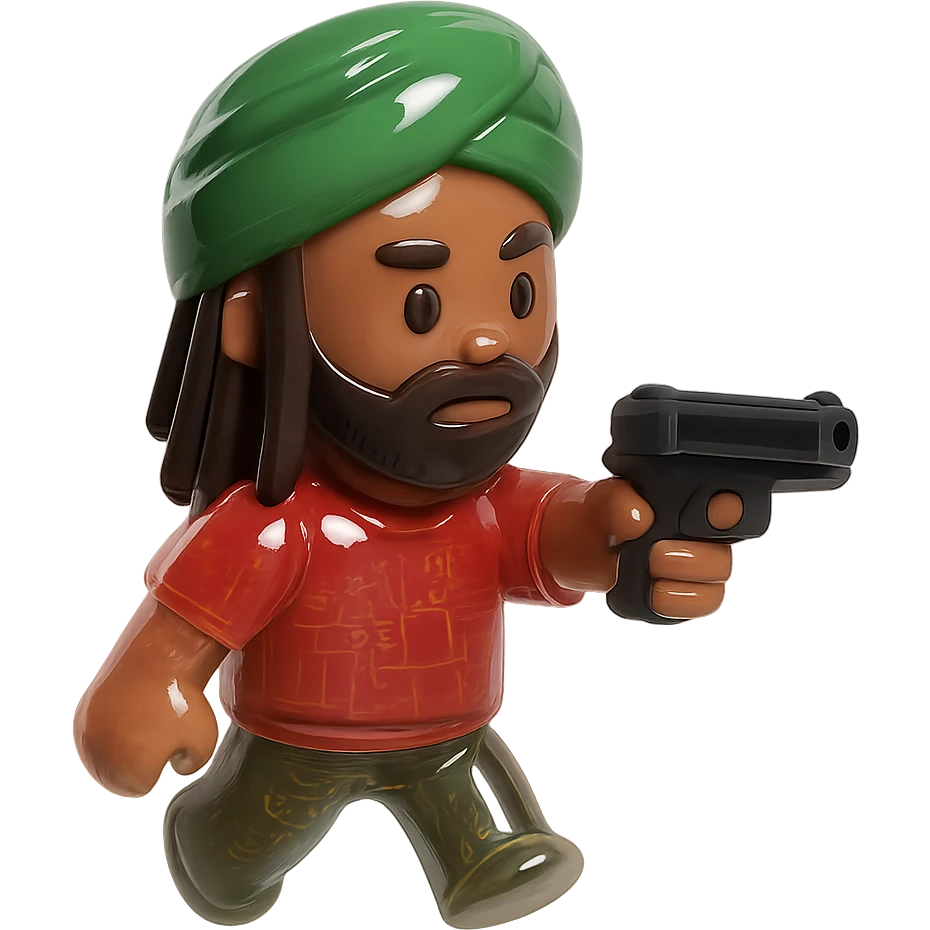 Brownskin man with long brown dreadlocks 
red t-shirt 
green turban 
expression is pointing a a gun emoji