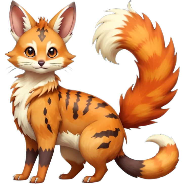 realistic  ember-rust copper fur molten with glowing magma seams and smoky tips beautiful elegant pretty precious cute  Fakémon-Pokémon-opossum-feline-serval-caracal-chinchilla-Furret-Minccino-hybrid-creature with a big fluffy bushy tail (full body) emoji
