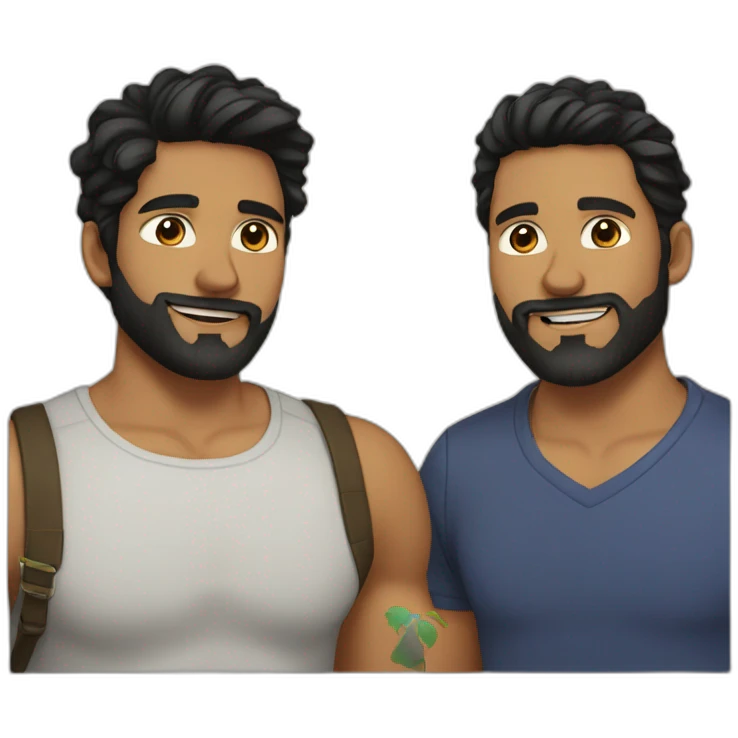 Gay male couple Latino Black hair and beard male and a male Australian blonde hair , with a cat in the middle emoji