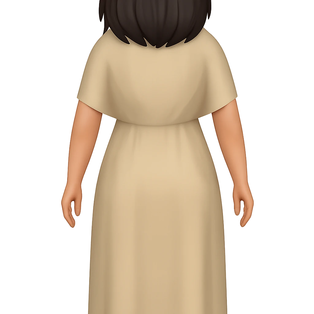 Create a back view, fullbody emoji style character with the same style and proportions as the reference image. The character should wear a plain light tan dress, have dark hair, and a transparent background. emoji