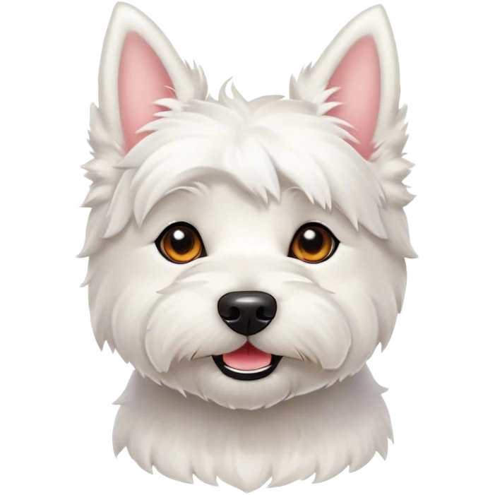 Cinematic Cute West Highland White Terrier Portrait Emoji, Head tilted playfully and inquisitively, featuring a fluffy, immaculate white coat with perky ears, round, sparkling dark eyes filled with curiosity, Simplified yet irresistibly adorable features, highly detailed, glowing with a warm, friendly glow, high shine, affectionate and lively, stylized with a touch of whimsy, bright and endearing, soft glowing outline, capturing the essence of a mischievous yet loving pup, so playful it feels like it could bound out of the screen and into your arms! emoji