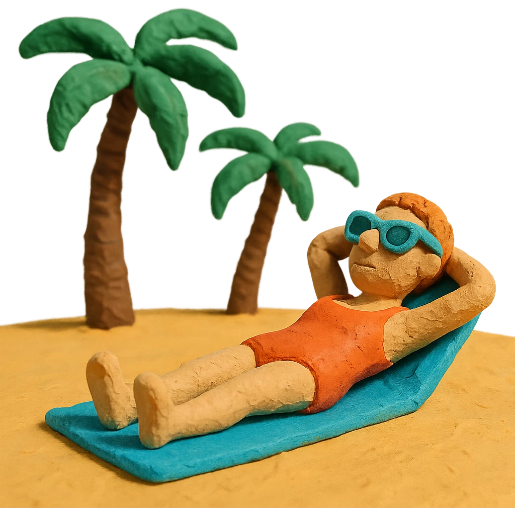 person sunbathing on Miami beach with visible clay texture and palm trees emoji