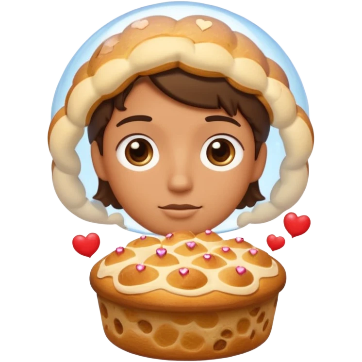 Apple-style emoji illustration of a person with dreamy eyes, and avobe them a thinking bubble with a traditional panettone inside the bubble, small hearts floating around, soft 3D emoji style, smooth gradients, rounded shapes, warm festive colors, simple expression. emoji