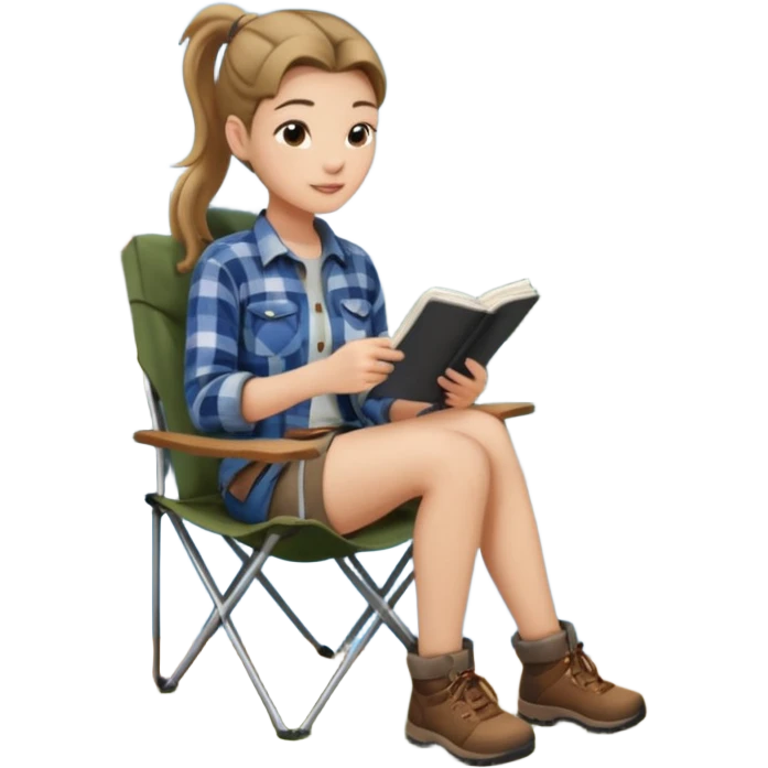 A pony tail hair woman journaling on a camping chair, enjoying the quiet nature scene. emoji