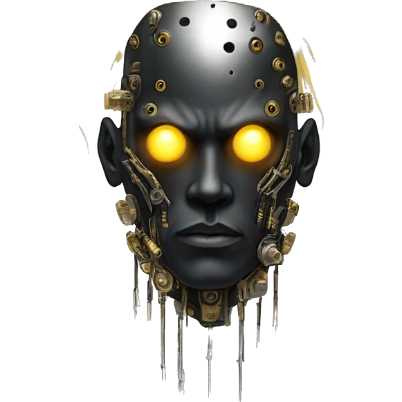 black metal male cyborg head with artificial eyeball, circuitry and wispy yellow gold hair emoji