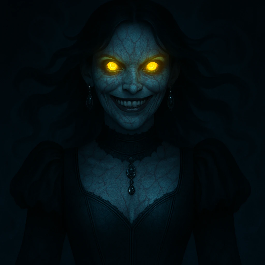 Add ornate gothic jewelry including a black lace choker, silver pendant, and dark gemstone earrings while keeping the horror and supernatural features intact. emoji