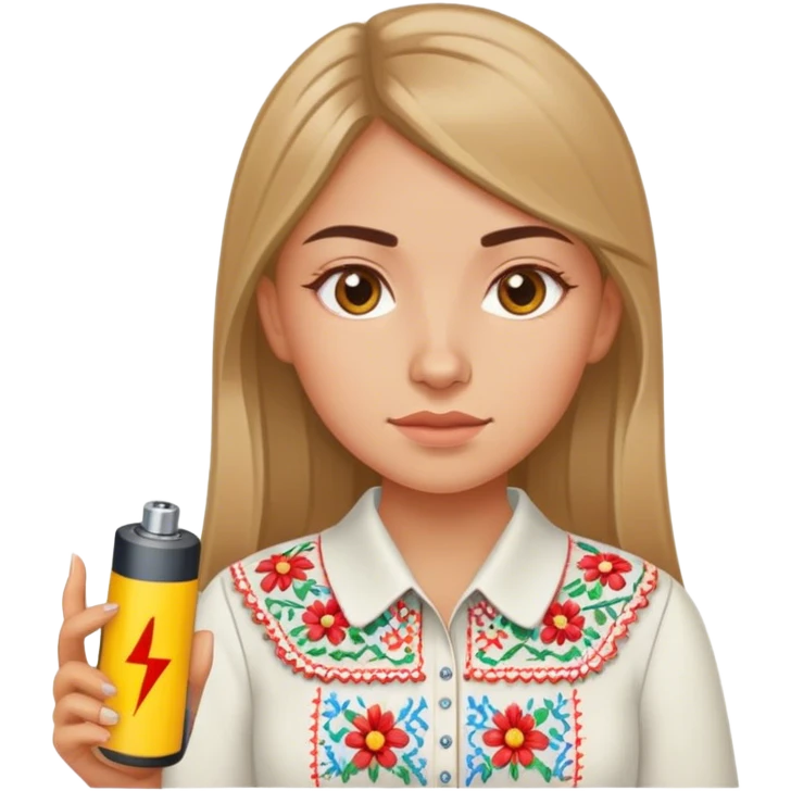 A Ukrainian girl in an embroidered shirt holds a battery emoji