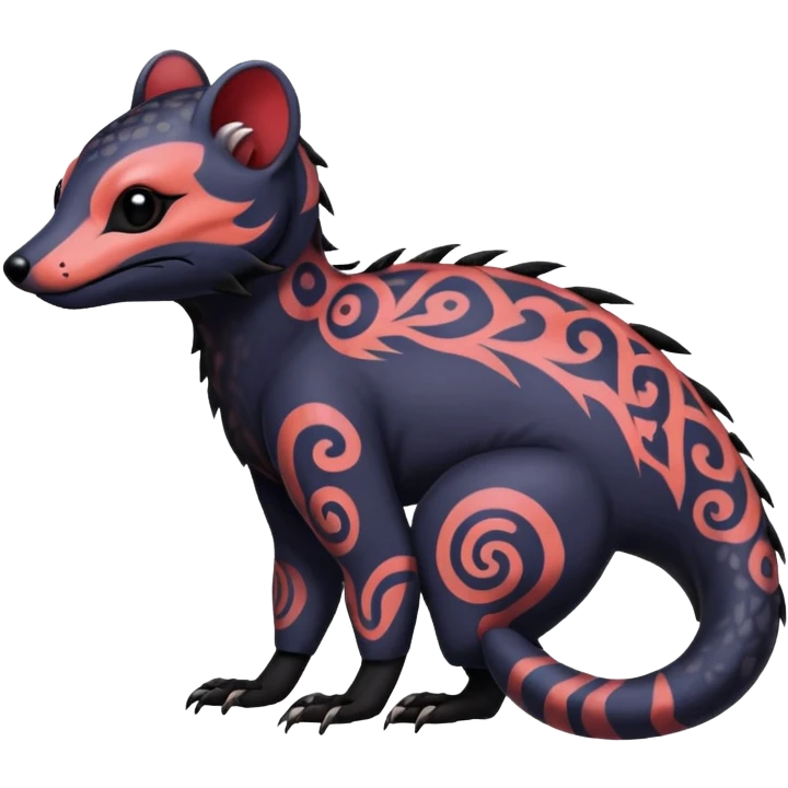 Rare warm-colored exotic gloomy tropical edgy cute epic aesthetic spooky  gothic colorful Salandit-Noibat-Civet-species-Fakemon-hybrid-creature, with tribal tattoo markings, full body emoji