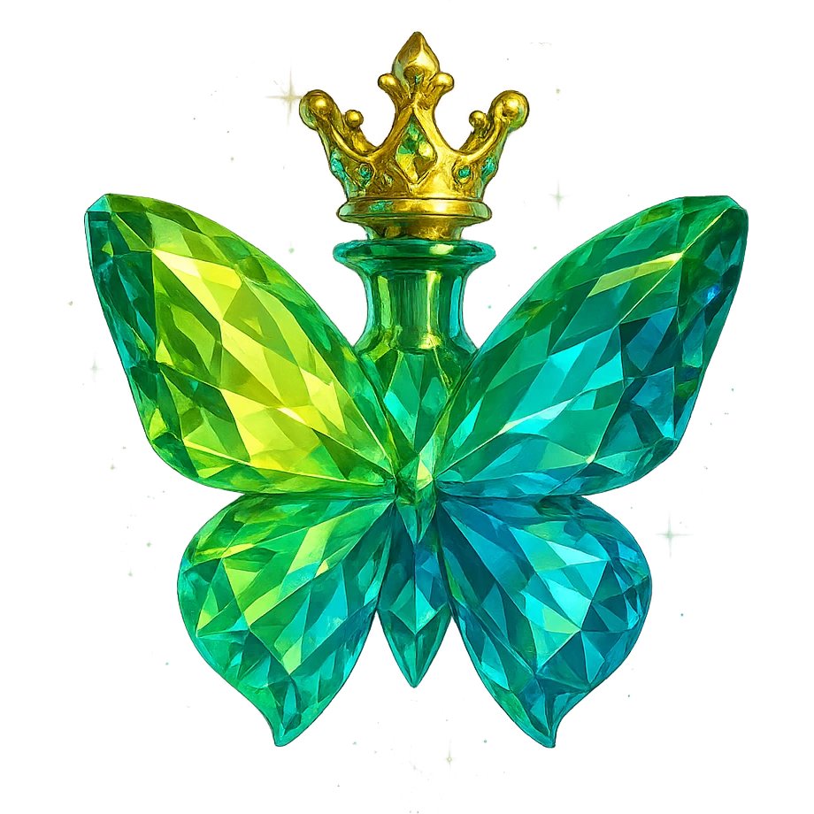 luxurious crystal butterfly-shaped bottle with a short neck and princess crown, many facets, glowing and light refractions, green (#c0ff53) and blue colors, golden details, subtle magical effects, bottle clearly floating in air with no base or shadow, bottom beautifully merging, design very close to original, transparent background emoji