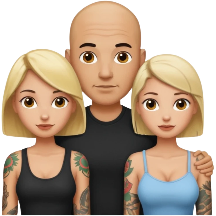 tattooed bbald male with two girlfriends a blonde and a brunette haired boob female   emoji